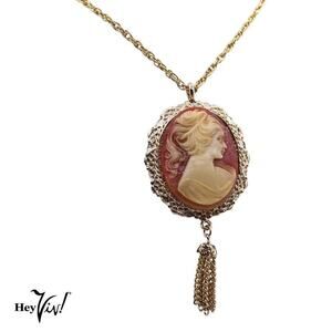 Vintage Cameo Pendant Necklace w Ornate Frame and Tassel 23" Chain - Hey Viv